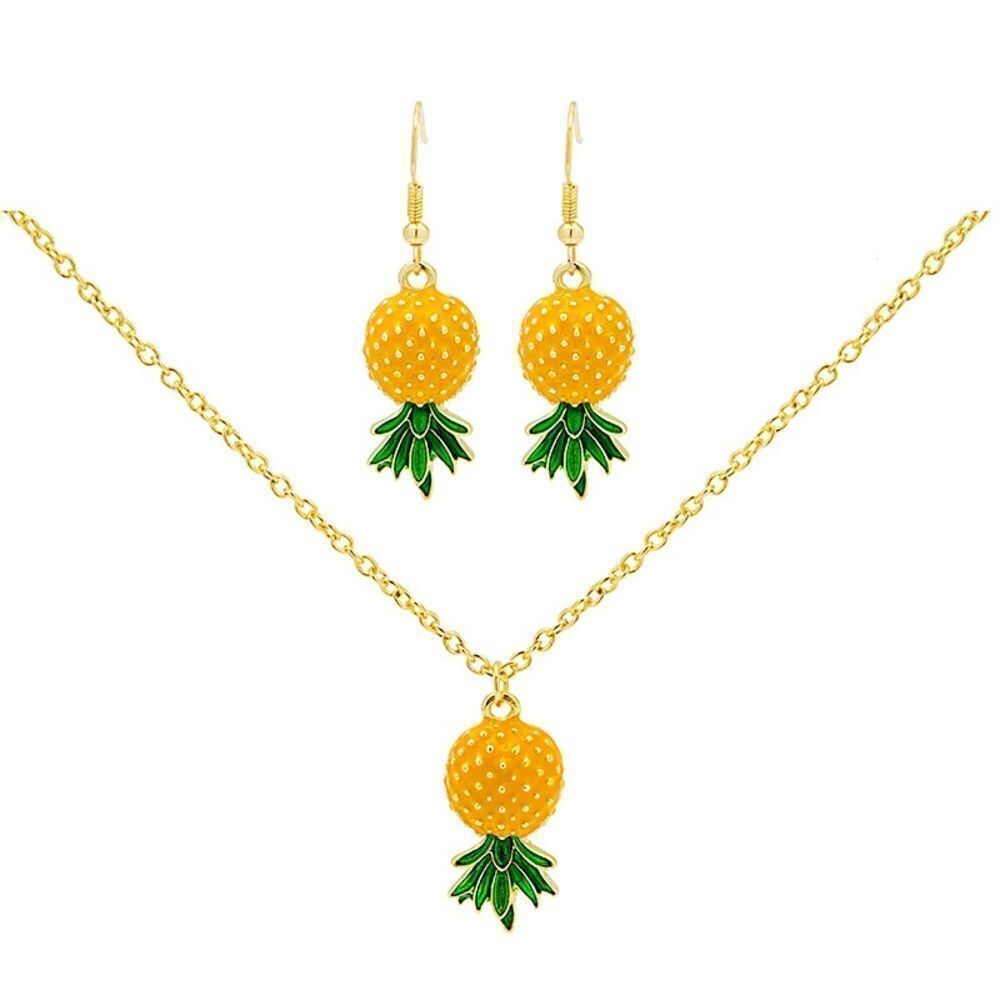 Green Leaf Pineapple Dangle Earrings Pendant Necklace Set - Picture 2 of 7